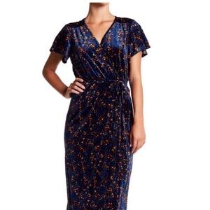 Superfoxx Blue Floral Velvet Wrap Midi Dress